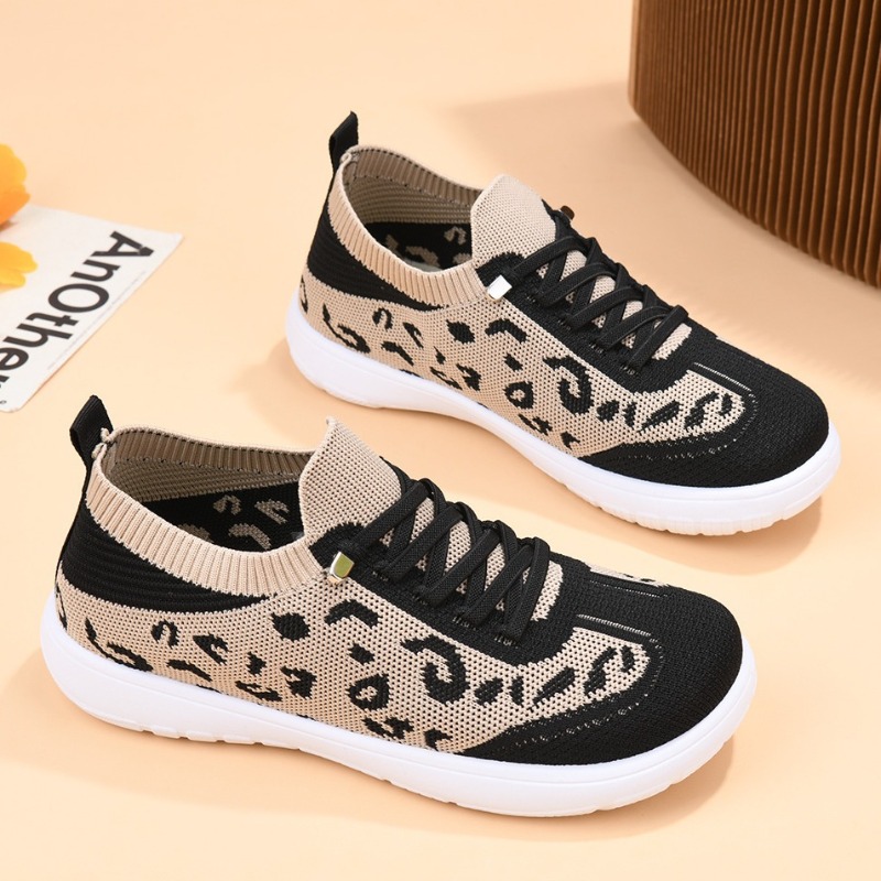 Sneaker Zone - レディース レースアップ レオパード ニット ミッドトップ スニーカー